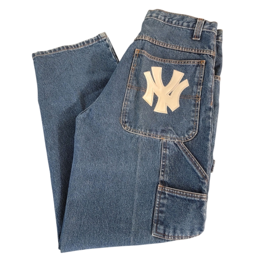 Adidas NY Yankees Collab VINTAGE Y2K Baggy Carpenter Blue Jeans Size 35 RARE